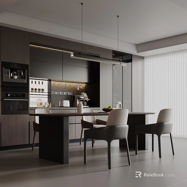 Modern Restaurant Interior With Dark Cabinets Island Counter Chairs And Lighting 3d model 