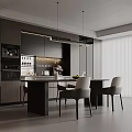 Modern Restaurant Interior With Dark Cabinets Island Counter Chairs And Lighting