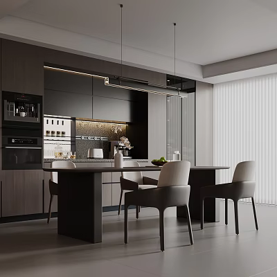 Modern Restaurant Interior With Dark Cabinets Island Counter Chairs And Lighting 3d model