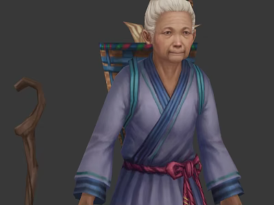 Elderly Elf Character With White Hair Purple Robe Blue Stripes Red Belt And Wooden Staff 3d model