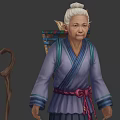 Elderly Elf Character With White Hair Purple Robe Blue Stripes Red Belt And Wooden Staff