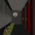 Elevator Hallway with Red Columns Bamboo Wall Art Dark Tile Floor and Hanging Lanterns 3d model