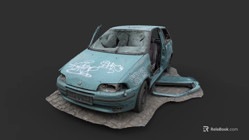 Abandoned Blue Car with Open Doors and White Graffiti on Gravel Ground 3d model 