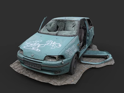 Abandoned Blue Car with Open Doors and White Graffiti on Gravel Ground 3d model