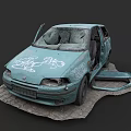 Abandoned Blue Car with Open Doors and White Graffiti on Gravel Ground