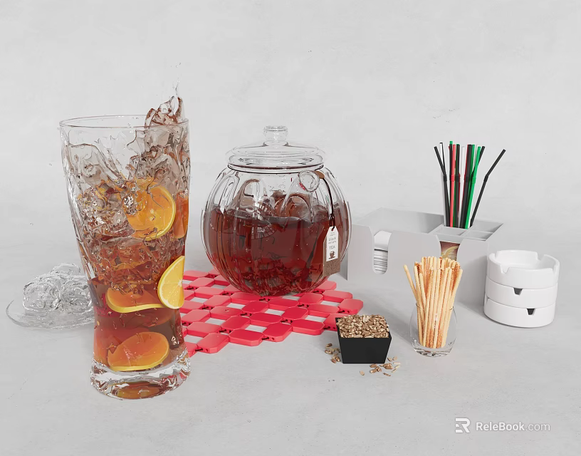Decorative Ornament Set with Glass Cup Lemon Ice Glass Jar Colorful Straws Toothpicks Red Coasters 3d model 