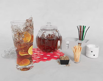 Decorative Ornament Set with Glass Cup Lemon Ice Glass Jar Colorful Straws Toothpicks Red Coasters 3d model