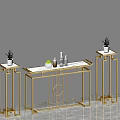 Elegant Console Table with Golden Metal Frame Circular Pattern and Potted Green Plants 3d model
