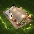 Garden Landscape with Night Tent Starry Sky Lighting and Green Outdoor Furniture