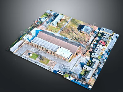 Aerial View 3D Model Community Buildings With Large Rectangular Structure Small Houses Roads Green Spaces 3d model