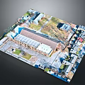 Aerial View 3D Model Community Buildings With Large Rectangular Structure Small Houses Roads Green Spaces