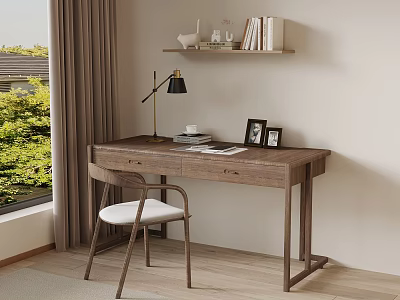 Cozy Home Office Workspace With Wooden Desk White Cushion Chair Black Lamp And Wall Shelf 3d model
