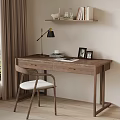 Cozy Home Office Workspace With Wooden Desk White Cushion Chair Black Lamp And Wall Shelf