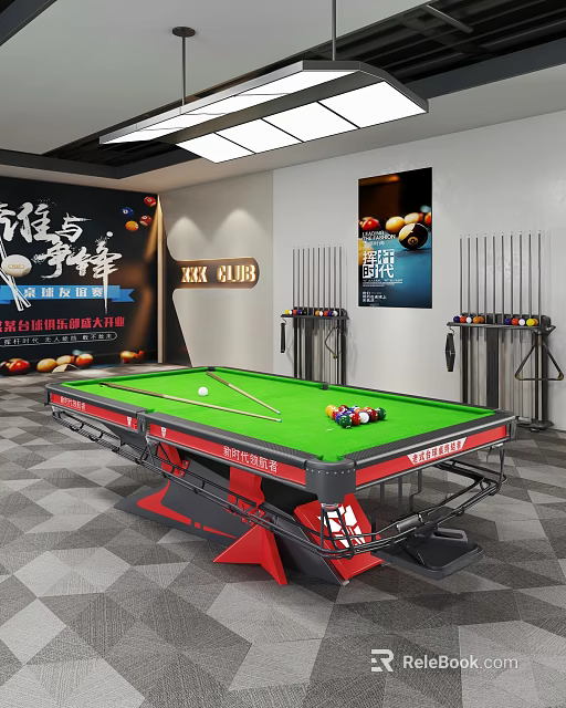 KKK CLUB Billiard Room Interior With Green Table Cue Sticks And Balls 3d model 