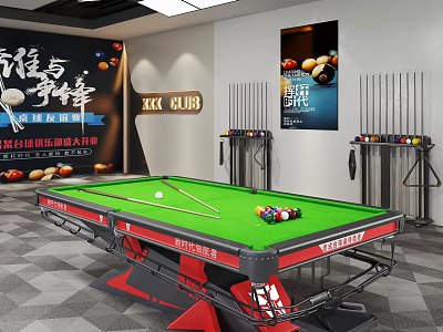 KKK CLUB Billiard Room Interior With Green Table Cue Sticks And Balls 3d model