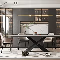 Modern Elegant Restaurant Interior Featuring Dining Table Wine Cabinets Marble Backdrop Pendant Lights And Chairs 3d model