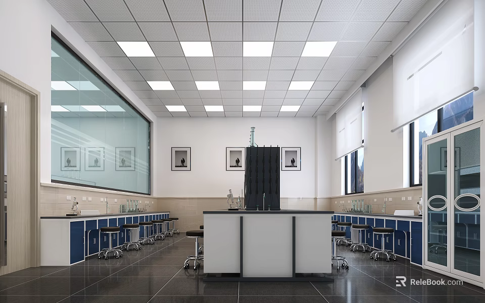 Modern Laboratory Interior With Lab Benches Chairs Ceiling Lights And Glass Walls 3d model 