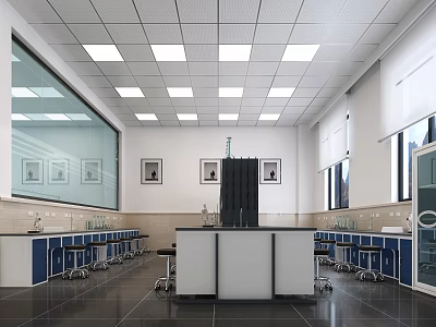 Modern Laboratory Interior With Lab Benches Chairs Ceiling Lights And Glass Walls 3d model