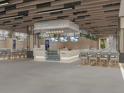 Modern Restaurant Interior With Wooden Ceiling Bar Counter And Green Plants 3d model