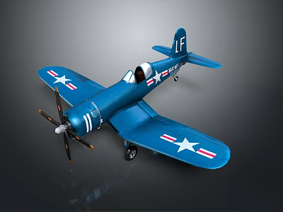 Blue Vintage Military Model Airplane With White Stars Stripes 1F Markings Propeller And Wheels 3d model