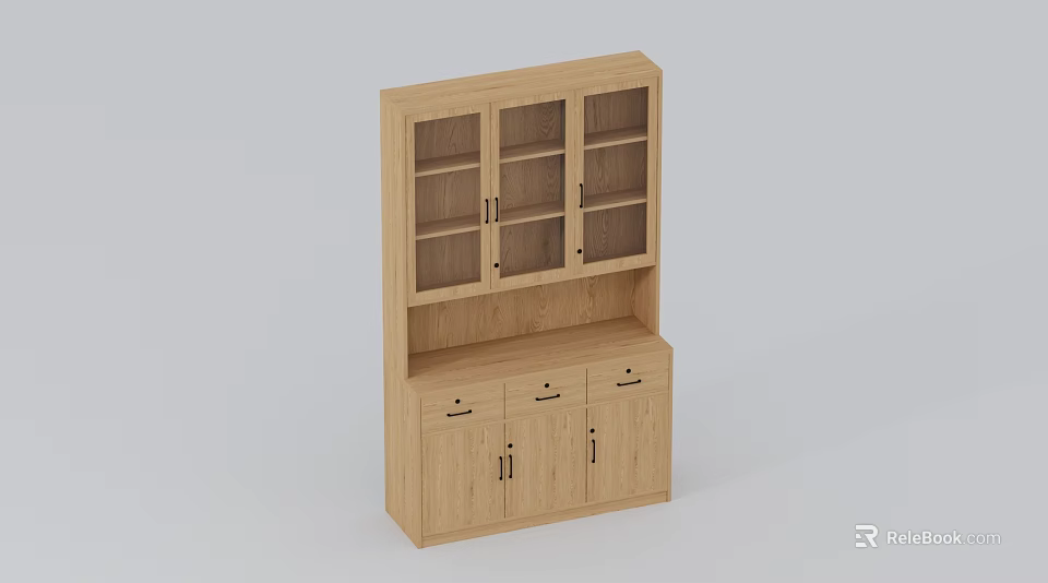 Wooden File Cabinet With Glass Doors Upper Shelves And Lower Drawers 3d model 