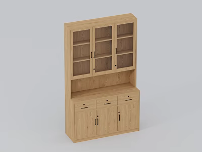 Wooden File Cabinet With Glass Doors Upper Shelves And Lower Drawers 3d model