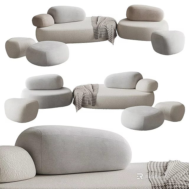 Modern Sectional Sofa with Curved Design Soft Fabric and Matching Ottoman in Living Room Interior 3d model 