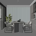 Modern Open Kitchen Interior With Dining Table Chairs Green Plant Cabinets And Blinds 3d model