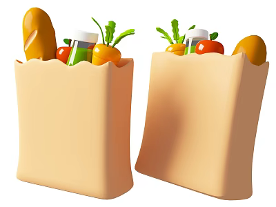 Fresh Vegetables in Two Paper Bags with Bread and Green Juice Bottles 3d model