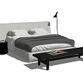 Modern Double Bed With Striped Bedspread Pillows Wooden Bench Nightstands And Table Lamps