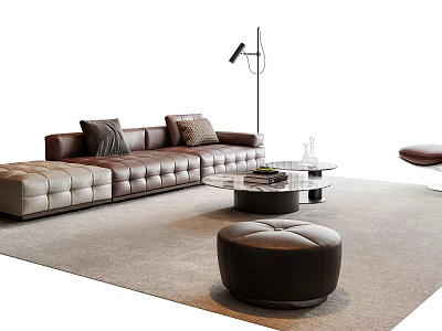 Modern Stitched Leather Sofa Coffee Table Set With Round Ottoman And Floor Lamp 3d model