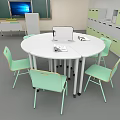 School Classroom Interior With Green Desks Chairs Globe Whiteboard And Lockers