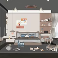 Cozy Kids Bedroom Interior Design With Bed Stuffed Toys Bookshelf And Wall Art
