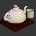 Elegant White Teapot And Mug With Gold Patterns On Wooden Tray