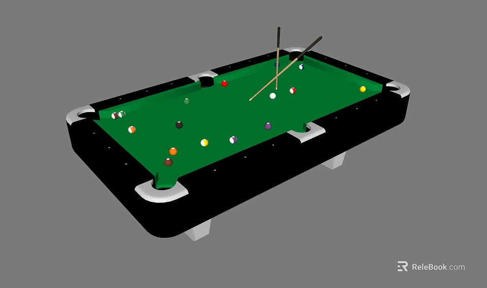 Billiard Table Sports Equipment With Green Felt Surface Colorful Balls And Cue Sticks 3d model 
