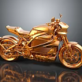 Golden Modern Motorcycle With Sleek Design And Reflective Surface On Dark Background
