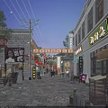 Chinese Style Commercial Street with Neon Signs Red Lanterns and Stone Lions at Night