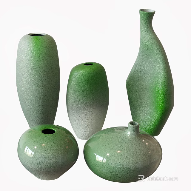 Elegant Green Ceramic Vessels in Various Shapes with Gradient Color and Textured Surface 3d model 