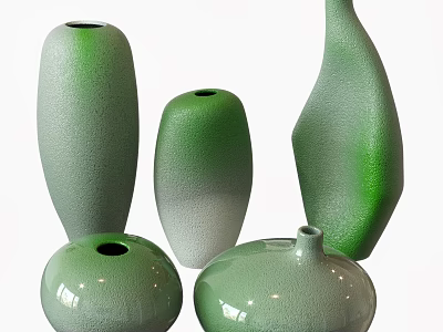 Elegant Green Ceramic Vessels in Various Shapes with Gradient Color and Textured Surface 3d model