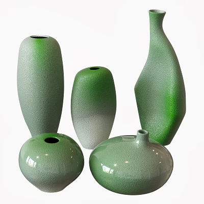 Elegant Green Ceramic Vessels in Various Shapes with Gradient Color and Textured Surface 3d model