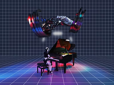 Art Installation with Glowing Red Blue Mechanical Parts and Robot Playing Piano in Grid Background 3d model