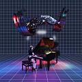 Art Installation with Glowing Red Blue Mechanical Parts and Robot Playing Piano in Grid Background