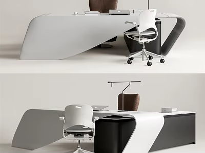 Modern Office Desk With White And Black Design And Ergonomic Chair For Workspace 3d model