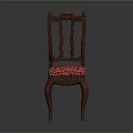 Classic Wooden Single Chair With Carved Back Red Patterned Seat And Curved Legs