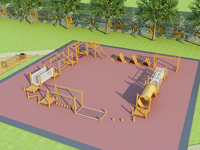 Outdoor Playground Equipment with Wooden Climbing Structures Slide Balance Beam on Pink and Green Grass 3d model