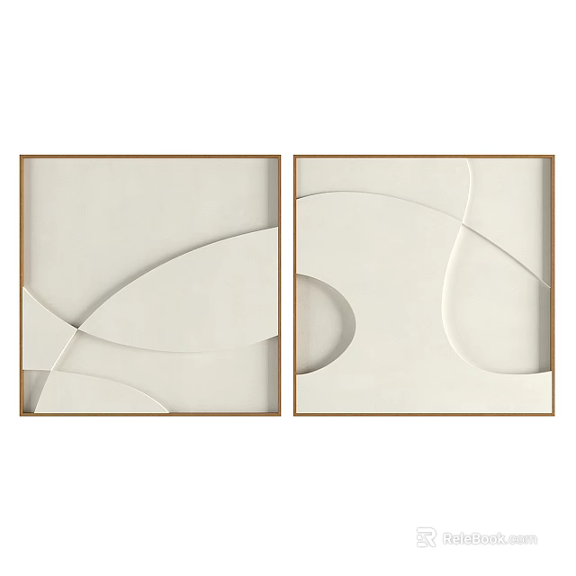 Two Panel Abstract Paintings With Beige Background Curved Lines And Wooden Frames 3d model
