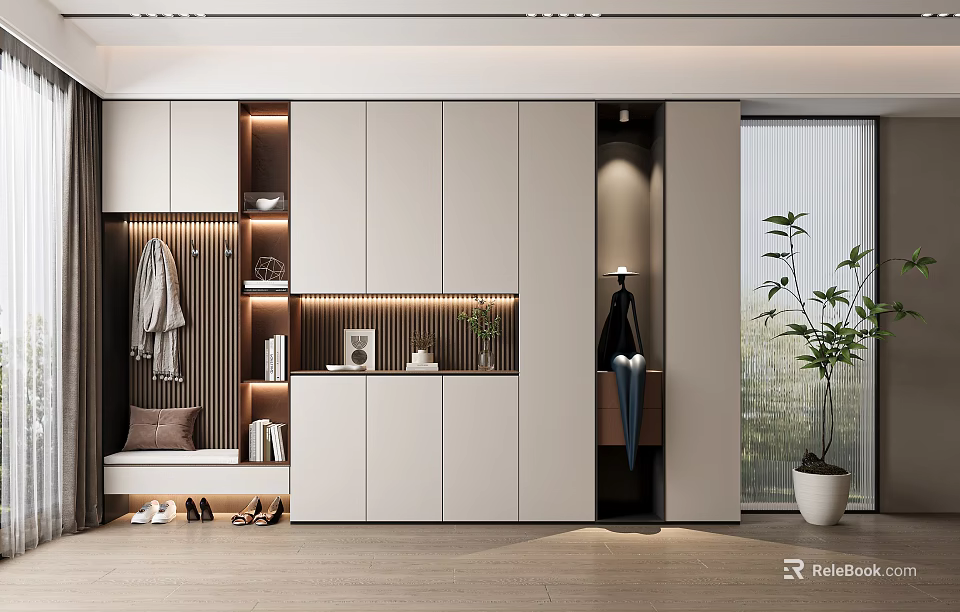 Modern Entryway Shoe Cabinet With White Cabinetry Coat Rack Bench And Indoor Plant Lighting 3d model 