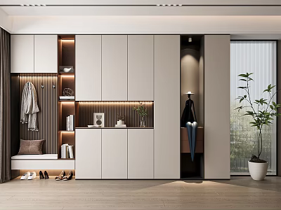 Modern Entryway Shoe Cabinet With White Cabinetry Coat Rack Bench And Indoor Plant Lighting 3d model