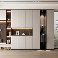 Modern Entryway Shoe Cabinet With White Cabinetry Coat Rack Bench And Indoor Plant Lighting