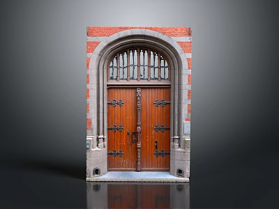 Traditional Entrance Gate With Red Brick Frame Arched Top And Wooden Double Doors Decorative Metal Fittings 3d model